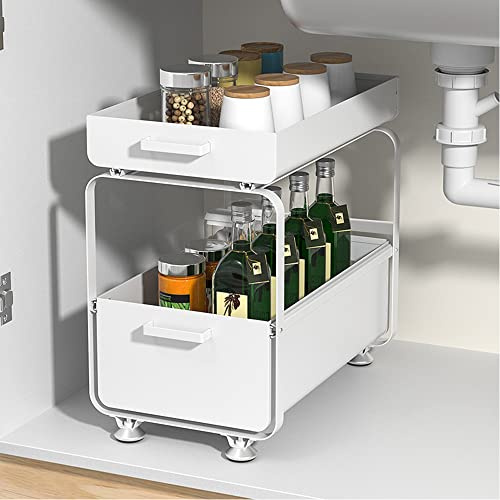 Willonin Étagère de Rangement Sous évier, Organisateur de Cuisine à 2 Niveaux Rangement Sous évier, Coulissant Organiseur pour Cuisine Armoire Salle de Bain, Acier au carbone,40*25.5*39.5cm (Blanc)