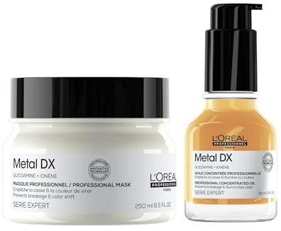 L'Oréal Professionnel Treatment-Set für alle Haartypen, beugt Haarbruch & Farbveränderungen vor, Anti-Frizz, Hitzeschutz, Mit Glicoamin, Serie Expert, Metal DX Maske & Öl