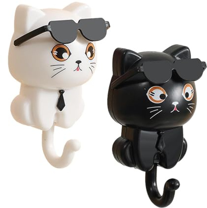 Lot De 2 Crochets En Forme De Chat Mignon, Crochet À Gravité Sans Perforation, Porte-clés En Forme De Chat De Lunettes De Soleil De Dessin Animé, Crochets Muraux Adhésifs Robustes, Crochet À Clé