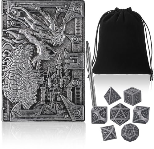 Outus Il set regalo in rame anticato da 10 pezzi include 1 diario in pelle goffrata con drago, 1 penna in legno, 7 dadi in metallo, 1 borsa per dadi con coulisse, per scrivere donne e uomini, giochi