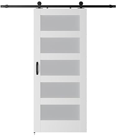 Sliding Barn Door Kit 5-Panel Glass Barn Door with Sliding Door Hardware Kit & Handle, Wooden Solid MDF Core & Eco Water-Proof PVC Veneer, White Stability and Fluency of The Move(36x84 in)