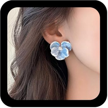 Yheakne Vintage Enamel Orchid Flower Earrings Blue Acrylic Flower Earrings Exaggerated Orchid Stud Earrings Blue Floral Petal Earring Jewelry for Women