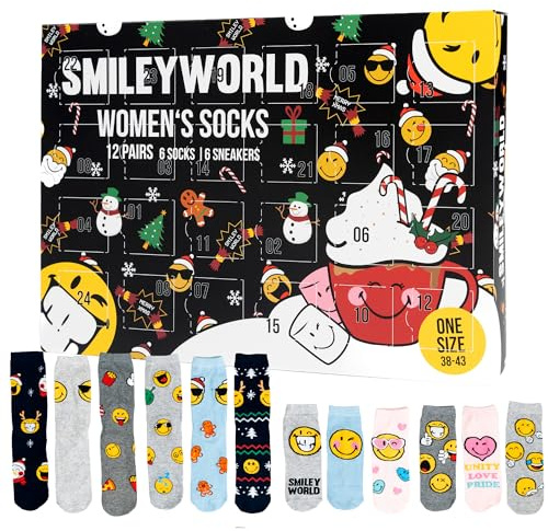 Smileyworld Adventskalender mit 12 Paar Socken Größe 38-43 für Damen Weihnachtskalender mit Sneakers und langen Socken