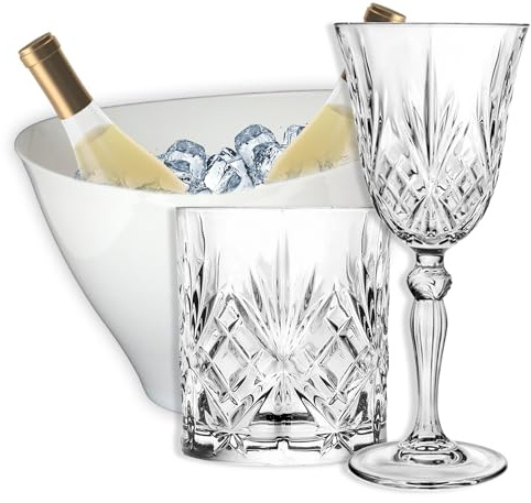 Sicignano | Set 6 Calici CL.27 con 6 Bicchieri CL.34 Melodia per Vino Acqua Whisky Liquori Cocktail, Cristallo Ecologico, Trasparenti, Resistenti - Omaggio Secchiello Champagne Bianco 2 Bottiglie