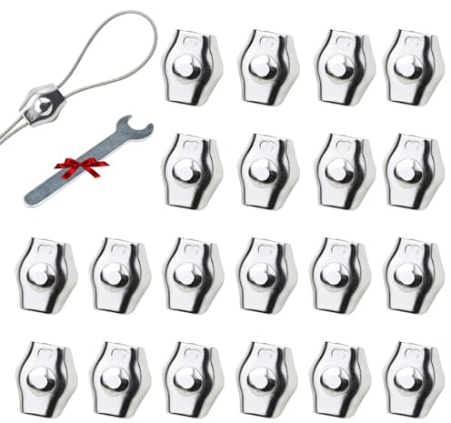 20Pcs M3 Stainless Steel Single Wire Rope Clips, Simplex Bolt Cable Clamp for 1/16in-1/8in Diameter Wire Cable for Picture Hanging Christams String Light, Free Wrench