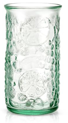 Grehom Recycled Glass Highball Tumblers (Set of 4) - Fruits (475 ml) | Tall embossed tumblers, ideal for water, juice, smoothies, iced tea and soft drinks, dishwasher safe.