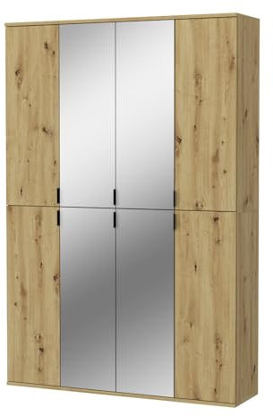 Inn.Furn Garderobe und Kleiderschrank weiß Hochglanz viel Stauraum 15 Fächer Mehrzweckschrank mit Spiegeltür Schlafzimmer Flur Diele 122 x 193 cm SystemX (Eiche Artisan)