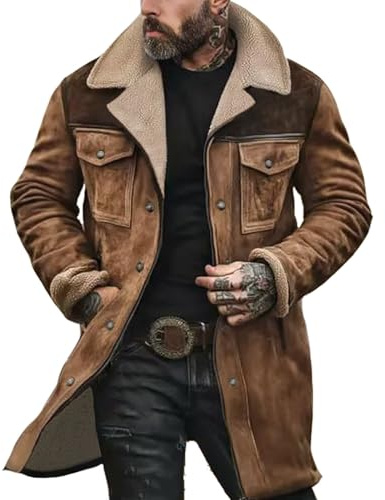 Suede Jacket Mens Leather Jacket Retro Work Business Coats Longline Windproof Overcoat With Pockets Solid Color Outdoor Casual Coat Winter Warm Outwear Lightweight Outerwear Riding Coat
