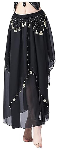 Damen Rock Bauchtanz Hüfttuch mit Münzen Bauchtanz Gürtel Rock Hüfttuch Münzen Gürtel Rock Bauchtanz Kostüm Quastenrock Rave Outfit Festival Fransenröcke Festival Glitzerrock (Black, One Size)