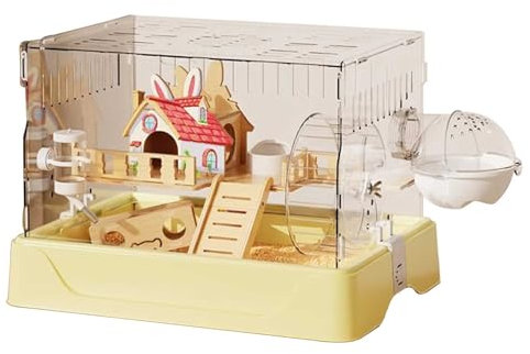 RTTZBOZ Hamsterbur - Träningshjul, Vattenflaska, Sandbadrum, Bärbara Råttburar, Hamster Habitat Small Animal Critter Inhägnad för Hamstrar, Möss, Gerbiler(Yellow)