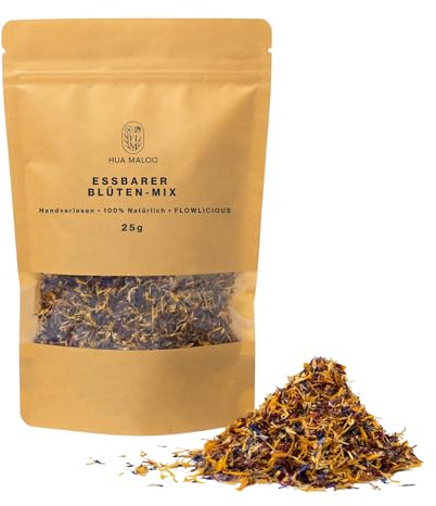 HUA MALOO Essbarer Blüten-Mix 25g – Getrocknete Blüten für Tee, Desserts & Deko | Perfekt für Cupcakes, Salate & Torten
