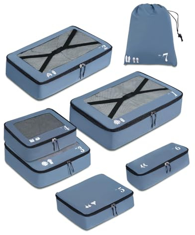 ECOHUB 7 Teilig Koffer Organizer Set, Packing Cubes mit Reißverschluss, Recyceltes PET Packwürfel Set, Packtaschen für Koffer, OrganizerKoffer für Urlaub und Reisen, Reise OrganizerSet(Blau)