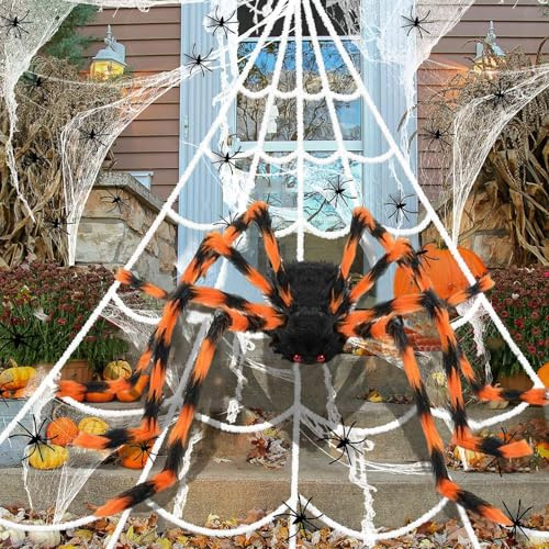 UGXJAIO Halloween Decorations Spider Web,50''Giant Spider + 200”Triangular Spider Web with 40G Stretchy Spiderweb + 20 Mini Spiders for Indoor Outdoor Halloween Decor Garden Yard Haunted House,Orange