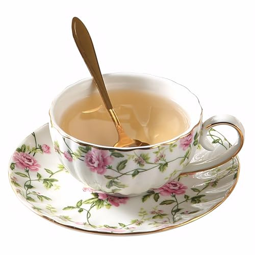 S-MAN Ceramic Tea Cups and Saucers Sets, 6.3oz Floral Pattern Porcelain Coffee Mug Set and Plate Tea Cup Rose