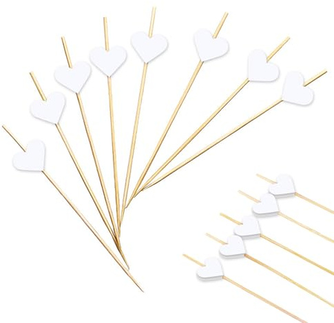 Huoflame Cocktailspieße 100 Stück - 12 cm Bambusspieße mit Weißen Herz Deko - Perfekt für Valentinstag, Hochzeit, Geburtstag, Fingerfood, Cocktails, Snacks und Party Dekorationen