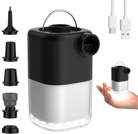 Tiny Air Pump, Portable Electric Air Pump, Mini Air Pump with 3 Brightness Levels & SOS Light Mode, Black, Rechargeable, 4KPa Fast In/Deflating for Pool Floats/Air Bed/Vacuum Storage Bags