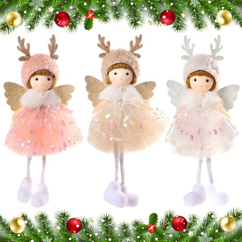 Walenbily Weihnachtsengel, 3er Set Christbaumschmuck Engel mit Rentiergeweih, Niedliche Weihnachtsdeko Anhänger in Weiß, Beige, Rosa, Perfekte Weihnachtsbaum Deko, Festliche Engel für Weihnachten