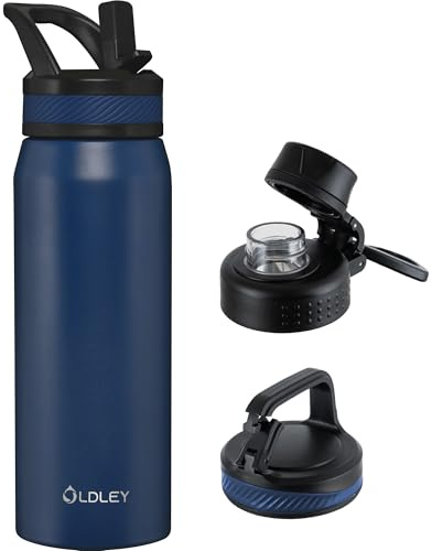 OLDLEY 750ml Insulated Water Bottle with Straw, Stainless Steel Water Bottles with 3 Lids & Handle, BPA Free Leakproof Thermal Metal Drink Flask Keep Hot and Cold for Sports, Gym, Hiking (Navy Blue)