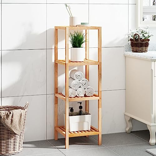 LoogCape Badregal 36x36x112 cm, Massivholz Nussbaum, 4 Ablagen, freistehend, Robustes Badezimmerregal für Handtücher, Hygieneartikel, Wohnzimmer