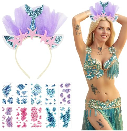 Dermalyx Meerjungfrau Haarreif, Karneval Meerjungfrau Kostüm Set, Meerjungfrauen Haarschmuck, Meerjungfrau Gesichtstattoo, Faschingskostüme Accessoires, Kinder Kostüm