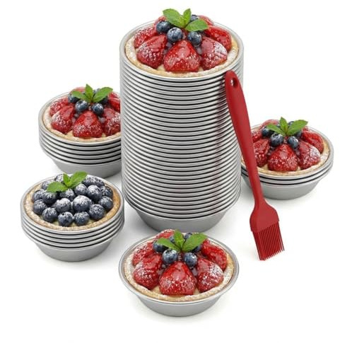EAAGHK 25PCS Moldes para Tartaletas Individuales Ø 7cm,Tazas Hornear de Huevo Tarta Reutilizables y Antiadherentes, Mini Moldes para Tarta de Huevo con Cepillo para Hornear Pasteles Pudines Muffins