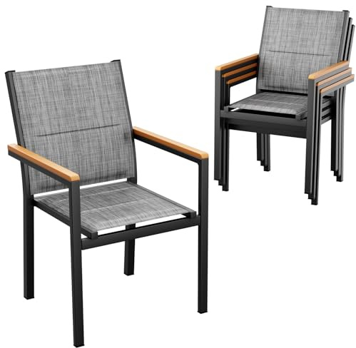 LIFERUN Juego de 4 sillas de jardín de aluminio, con respaldo acolchado y asiento, silla de comedor apilable, pasamanos de WPC, sillas de balcón, para terraza, balcón, terraza, piscina, restaurantes