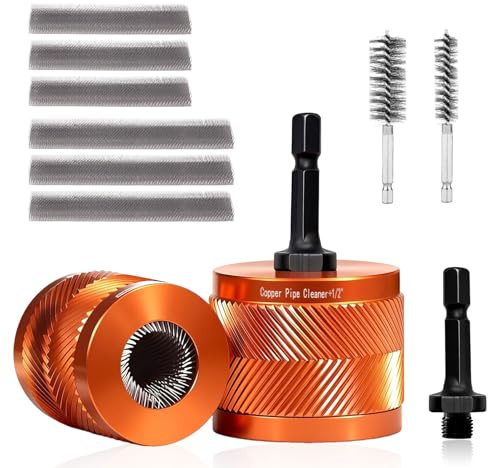 1/2 & 3/4 Copper Pipe Cleaner Set with 1/4 Hex Shank & 6 Brush Blades & 2 Pipe Cleaning Brush, Plumbing/HVAC Rust/Stain Removal Tools