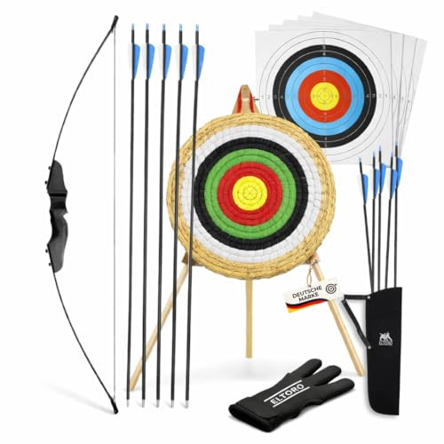 BSW Recurve Bogen Set 52 Zoll (132 cm) für Rechtshänder Einsteigerbogen 20-28 lbs Holzgriff Fiberglas Wurfarme inkl 5 Carbonpfeile 30,5 Zoll Strohzielscheibe 50x50 Ständer Köcher Schießhandschuh