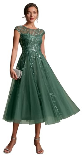 Ever-Pretty Sequin Midi Evening Dress Cap Sleeve Tulle Formal Wedding Guest Dresses for Prom Party 02778