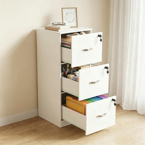 anrekl Cajonera Oficina, Cajonera Escritorio con 3 Cajones Cerradura y Llaves, Multiusos Armario Archivador con Barras Colgantes para Oficina Escritorio Casa,103.5cm Alto, Blanco