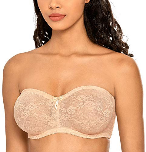DOBREVA Donna Reggiseno Pizzo Senza Spalline Non Imbottito con Ferretto Invisibile Spalline Removibili Beige 5C