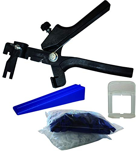 Karl Dahm Fliesen-Nivelliersystem-Set 2 mm mit 50 Keilen, 100 Laschen, Zange & Eimer I Für gleichmäßige Fugen ohne Höhenversatz I Reicht für ca. 10–12 m² – 12055