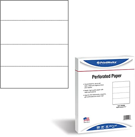 PrintWorks Professionelles 4-teiliges perforiertes Papier, 21,6 x 27,9 cm, perfekt für W-2, 1099 und Statement-Einsatz, hergestellt in den USA, 500 Blatt, 9 kg, druckerkompatibel, Weiß (04298)