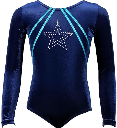 Mädchen Turnanzug GymStar – Langarm Gymnastikanzug aus Nicki-Samt mit Strasssteinen & Rundhalsausschnitt – Made in Germany