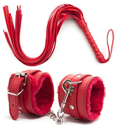 Bwer 2 Stück/Set PU-Leder Erotische Handschellen Knöchelmanschetten-Fesseln mit Peitsche BDSM Bondage Slave Sexspielzeug für Paare Adult Game-Red Sex