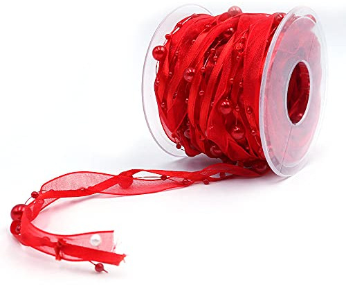 ANCLLO 10M Künstliche Perlenband Chiffon-Band und Organza-Spitze-Band-Ordnungen für Hochzeits-Blumen-Weihnachtsbaum-Dekoration Nähen Handwerk Verpackung (rot)