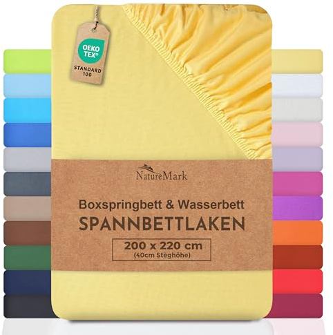 NatureMark Basic Boxspringbett & Wasserbett Spannbettlaken 200 x 220 cm - 40 cm Steghöhe - 200x220cm Spannbetttuch - 100% Baumwolle, Gelb