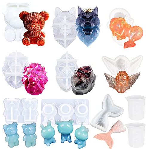 Allazone 3D Tierharz Formen Set, 9 Stück 3D Tierharz Resin Silikonform Gießform Meerjungfrau Silikon Harzform für Epoxidharz zur Herstellung von Dekoration, Basteln DIY