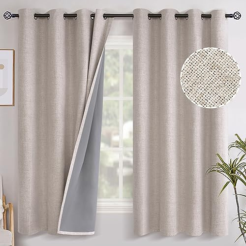 YoungsTex Linen Blackout Curtains 63 Inch Length for Bedroom, Room Darkening Window Drapes with Grommet Thermal Insulated Black Out Blinds for Living Room, 2 Panels, 52 X 63 Inch, Beige