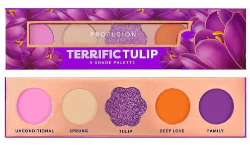 Profusion Cosmetics Blooming Hues - 5 Highly Pigmented Shades Eyeshadow Palette with Built-In Mirror, Multi-Finish & Long-Wearing Formula, Blendable, Vegan & Cruelty-Free Makeup (Terrific Tulip)