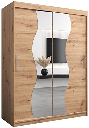 Kryspol Schwebetürenschrank Madryt 150 cm mit Spiegel Kleiderschrank mit Kleiderstange und Einlegeboden Schlafzimmer- Wohnzimmerschrank Schiebetüren Modern Design (Artisan Eiche)