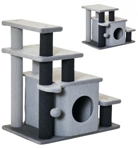 PawHut Escalera para Gatos de 4 Peldaños Escalón para Mascotas con Altura Ajustable Caseta Bola Colgante y Postes para Cama Sofá Carga 10 kg 60x40x66 cm Gris