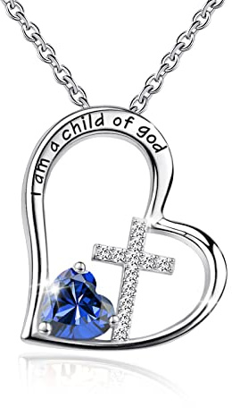 Bengnkes BG 925 Sterling Silver I Am a Child of God Cross Pendant Necklaces for Women, September Birthstone Blue Heart Necklace Birthday Christian Baptism Gifts