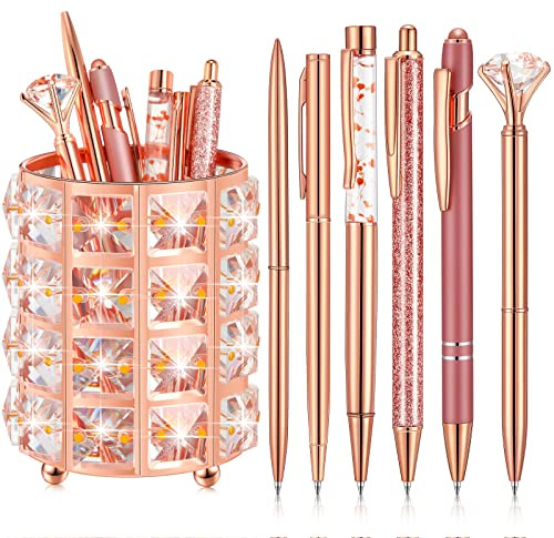 Kugelschreiberhalter mit 6 Glitzerstiften in Roségold, Diamant-Bleistifthalter mit Schmucksteinen, goldfarben, Make-up-Pinselhalter, Organizer für Damen, Mädchen, Büro, Schule, Schreibtischzubehör,