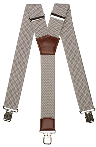 Olata Herren-Hosenträger in Y-Form, mit braunen Lederdetails, 50 mm | 50-mm-Hosenträger in Y-Form mit braunem Leder und starken Clips; sicherer Halt für Arbeit oder elegante Kleidung.