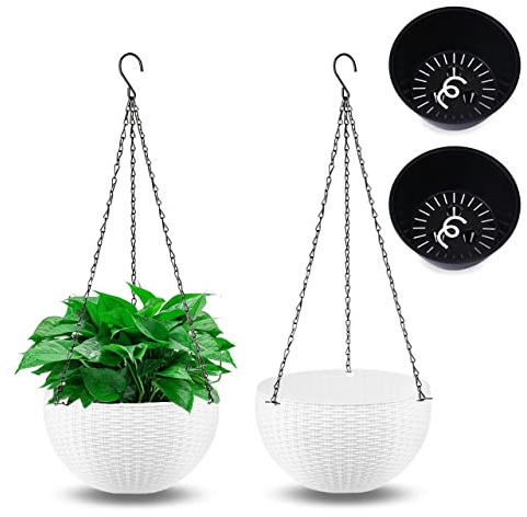 Moollyfox 2 Stück Blumenampel Außen, Ø 26cm Selbstbewässerung Blumentopf Hängend, Hängeampel Outdoor Kunststoff, Hängeblumentöpfe mit Rostfrei Ketten, Hängeampeln für Draußen Innen Decken Pflanzen