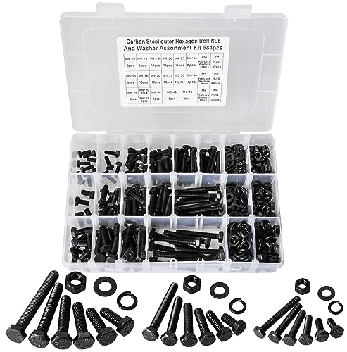 CYLBAQ 584 Stück M4 M5 M6 Sechskantschrauben, 10mm-50mm Kohlenstoffstahl bolzen mutter set mit Muttern Unterlegscheiben Vollgewindeschrauben Maschinenschrauben Gewindeschrauben zur Reparatur