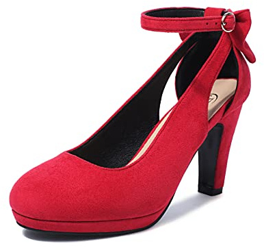 elerhythm Femmes Mary Jane Talons avec Arc Rétro Fermé Bout Rond Suède Sangle de Cheville Pompes Gatsby Vintage Chaussures, rouge, 41 EU
