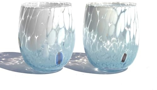 MAZZEGA ART & DESIGN 2 Verres à eau bicolores en verre soufflé et travaillé à la main avec des murrines Murano - Les couleurs de Murano - Bicolore 435 ml. Fabriqué en Italie. (Bleu ciel, 2)