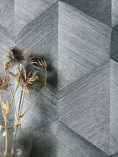 Newroom Tapete Grau Vliestapete 3D-Optik - Mustertapete Modern Anthrazit Silber Raute Linien Streifentapete Grafisch Grafik Metallic inkl. Tapezier-Ratgeber